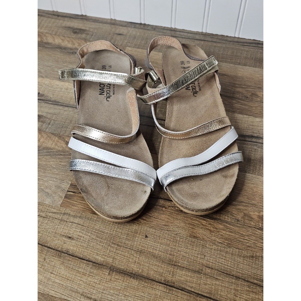 Naot Hero Women's Wedge Gold Silver White Leather Sandals Size-8/39